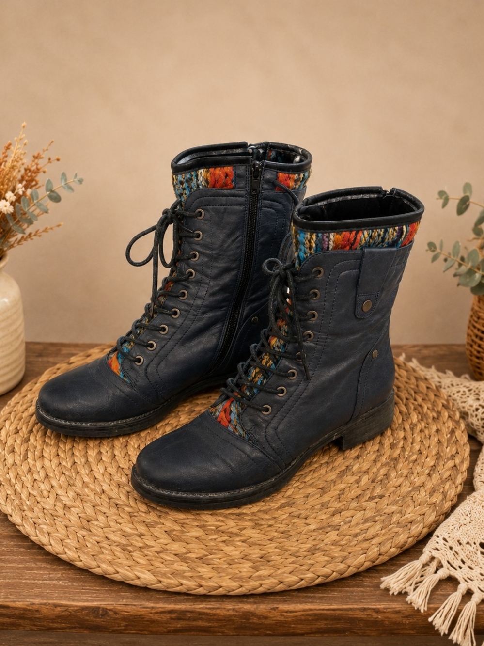 TAXI Boho Western Fuzzy Lined Lace Up Side Zip Boots Black 39